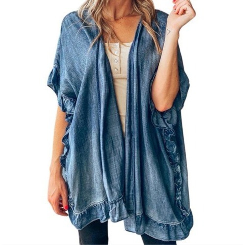 Easel Los Angeles Denim Blue Tencel Chambray Ruffle Kimono Cardigan Large NWT